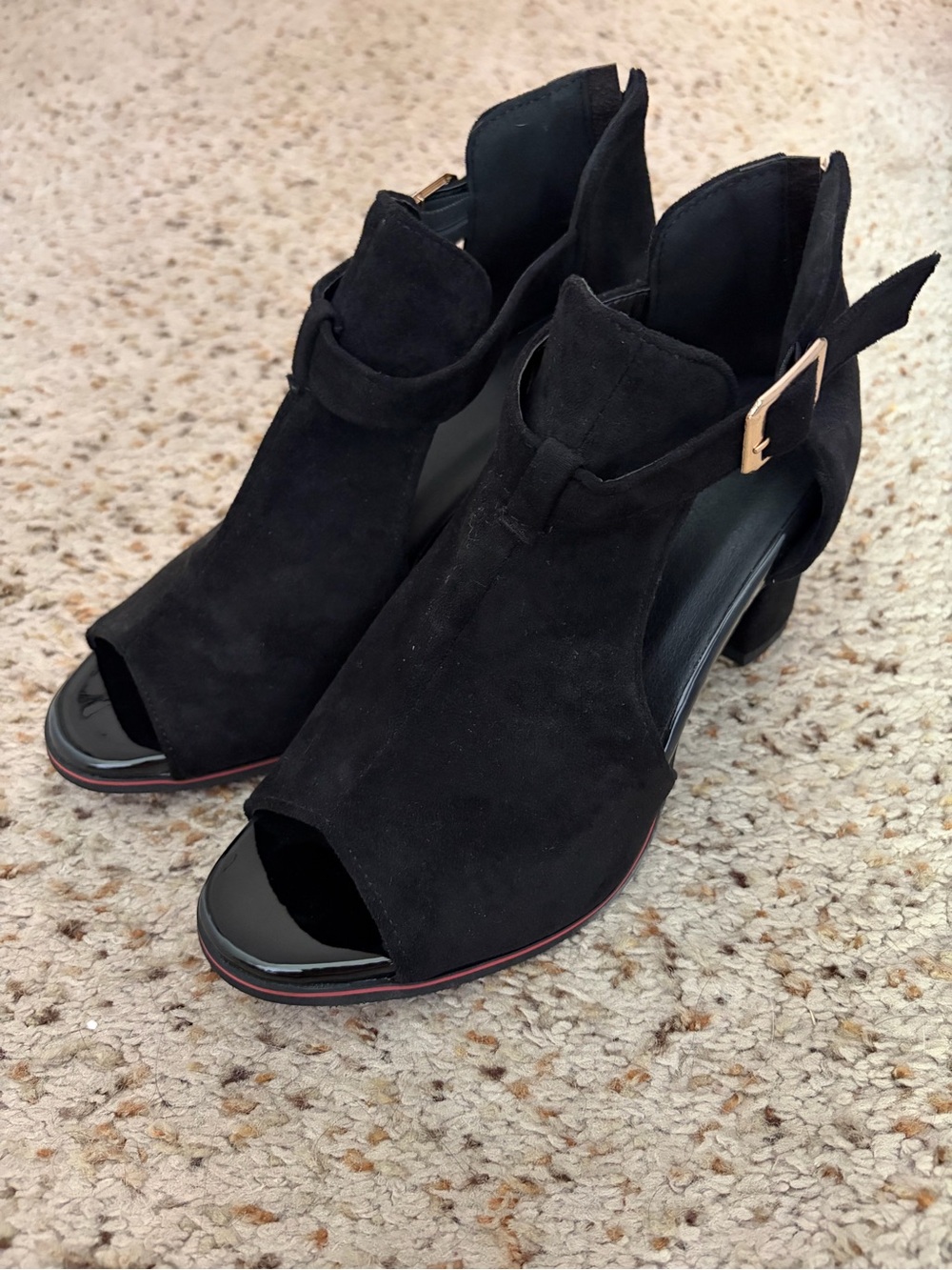 Black Suede Open-Toe Heels with Gold Buckle - size 39